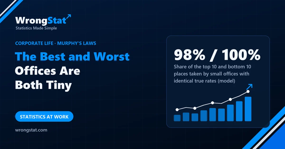98% / 100%: Share of the top 10 and bottom 10 places taken by small offices, when every office has the same true rate (model)