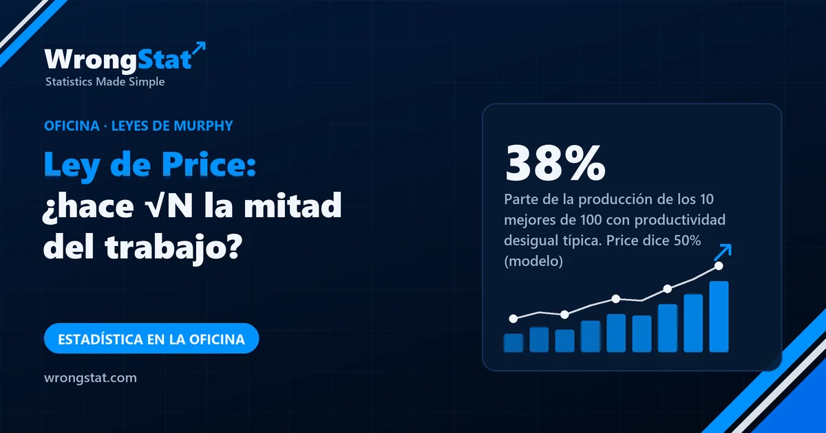 38%: Parte de la producción de los 10 mejores de 100 con productividad desigual típica. La ley de Price dice 50% (modelo)