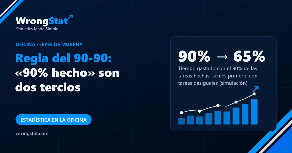 90% → 65%: Tiempo gastado con el 90% de las tareas hechas, de la más fácil a la más difícil, con tareas desiguales (simulación)