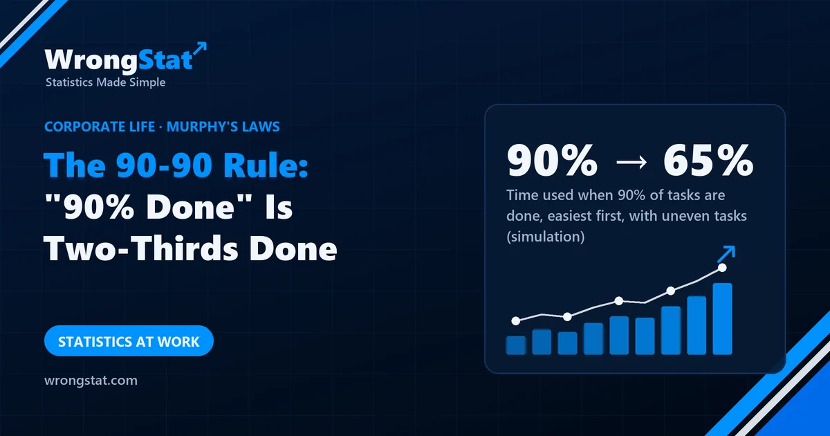 90% → 65%: Share of time used when 90% of tasks are done, easiest first, with lopsided task sizes (simulation)