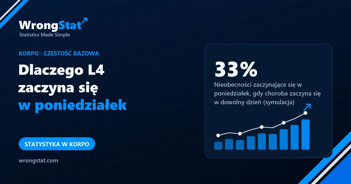 33%: Tyle nieobecności zaczyna się w poniedziałek, gdy choroba może zacząć się w dowolny dzień tygodnia (symulacja miliona chorób)