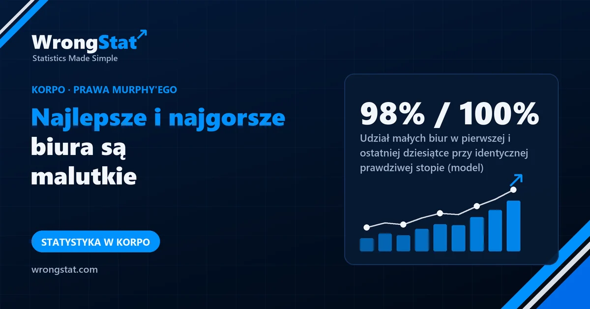 98% / 100%: Udział małych biur w pierwszej i ostatniej dziesiątce, gdy każde biuro ma tę samą prawdziwą stopę (model)
