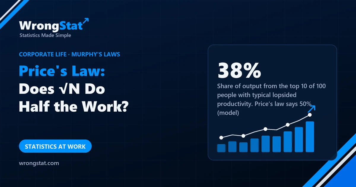 38%: Share of output from the top 10 of 100 people with typical lopsided productivity. Price's law says 50% (model)