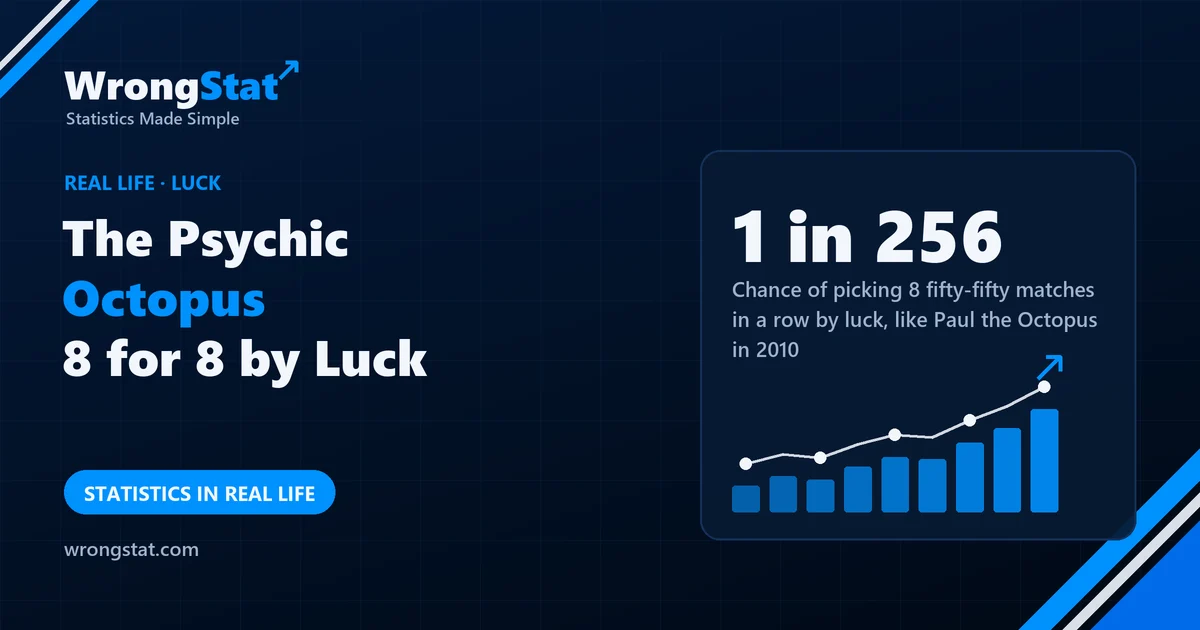 1 in 256: Chance of picking 8 fifty-fifty matches in a row by luck, like Paul the Octopus at the 2010 World Cup