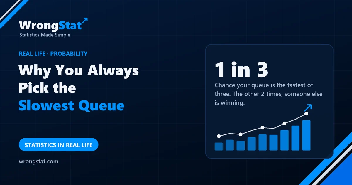 1 in 3: Chance your queue is the fastest of three. The other 2 times, someone else is winning.