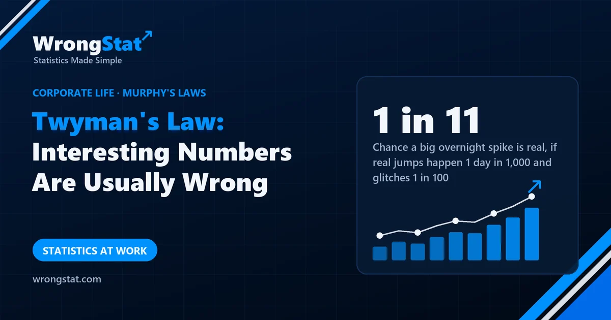 1 in 11: Chance a big overnight spike is real, if real jumps happen 1 day in 1,000 and glitches 1 day in 100