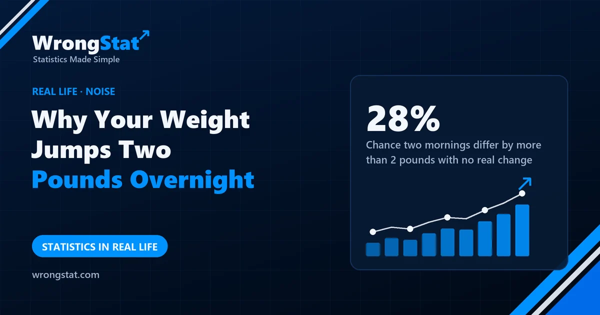 28%: Chance two mornings differ by more than 2 pounds with no real change, if daily noise is 1.3 pounds